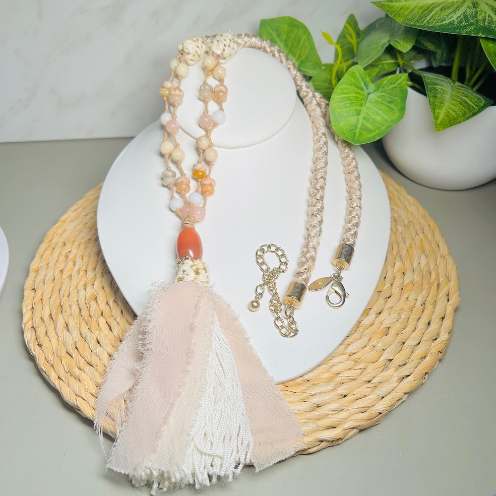 CHICO’S Coral and Cream colored double-strand corded beaded tassel necklace